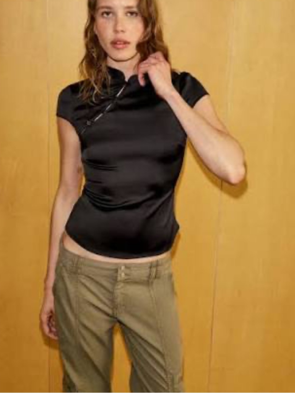 Zara Black Satin Mandarin Collar Top NWT XS